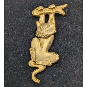 Vintage MALI Dangling Swinging Cat Gold Tone Brooch Pin Hanging from Branch 2.5"